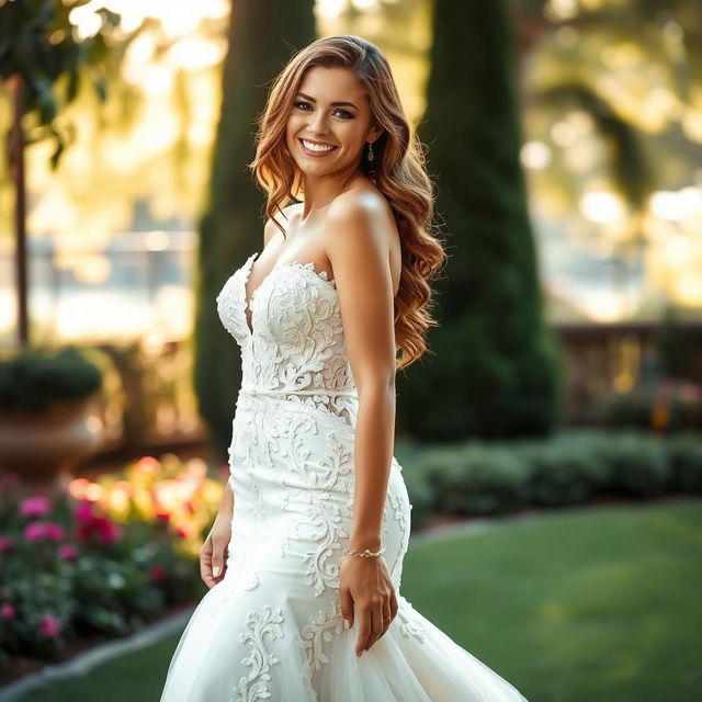 A beautiful woman wearing a stunning wedding dress that hugs her curves, showcasing her radiant smile