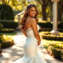 A beautiful woman wearing a stunning wedding dress that hugs her curves, showcasing her radiant smile