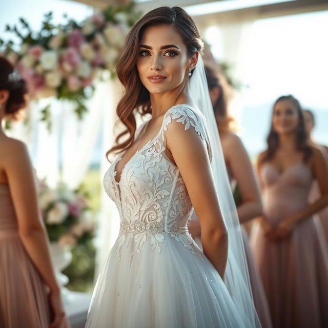 A stunning brunette woman wearing a beautiful wedding dress, showcasing her elegant figure as she stands in a line with other bridesmaids