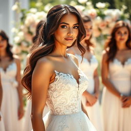 A stunning brunette woman wearing a beautiful wedding dress, showcasing her elegant figure as she stands in a line with other bridesmaids