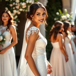 A stunning brunette woman wearing a beautiful wedding dress, showcasing her elegant figure as she stands in a line with other bridesmaids