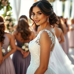 A stunning brunette woman wearing a beautiful wedding dress, showcasing her elegant figure as she stands in a line with other bridesmaids