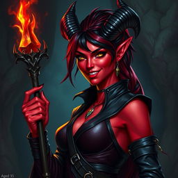 A female tiefling sorceress, aged 35, with red skin and a square jawline