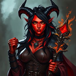 A female tiefling sorceress, aged 35, with red skin and a square jawline