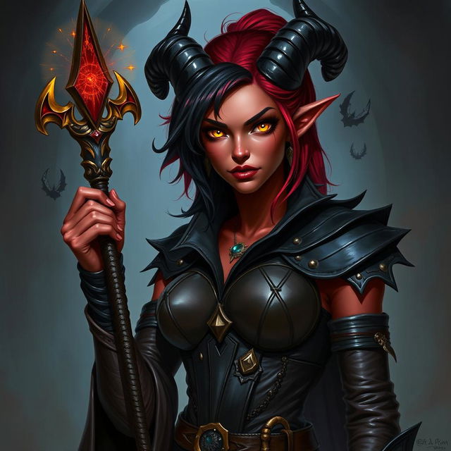 A female tiefling sorceress, aged 35, with red skin and a square jawline