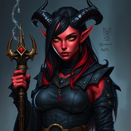 A female tiefling sorceress, aged 35, with red skin and a square jawline
