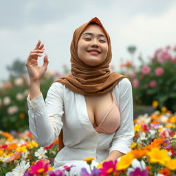 A masterpiece ultra-detailed realistic image of a beautiful 26-year-old Japanese girl wearing a brown Turkish hijab