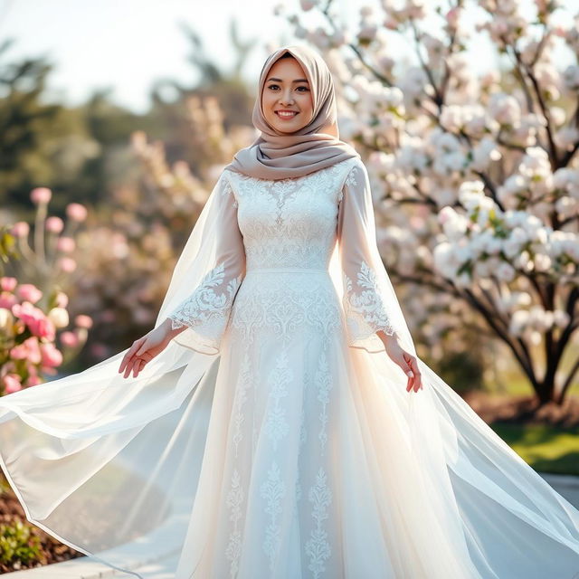 A young Muslim woman wearing a beautiful, open wedding dress that flows elegantly