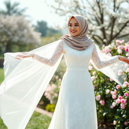 A young Muslim woman wearing a beautiful, open wedding dress that flows elegantly