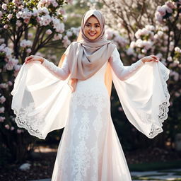 A young Muslim woman wearing a beautiful, open wedding dress that flows elegantly