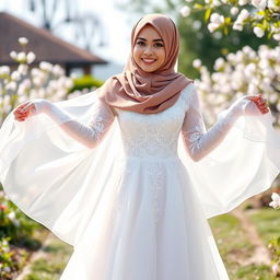 A young Muslim woman wearing a beautiful, open wedding dress that flows elegantly
