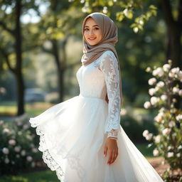 A young woman wearing a beautifully designed hijab, styled elegantly, showcasing a stunning open wedding dress with intricate lace detailing