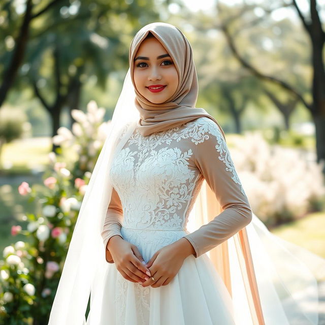 A young woman wearing a beautifully designed hijab, styled elegantly, showcasing a stunning open wedding dress with intricate lace detailing