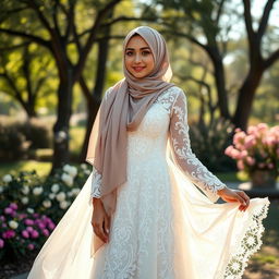A young woman wearing a beautifully designed hijab, styled elegantly, showcasing a stunning open wedding dress with intricate lace detailing