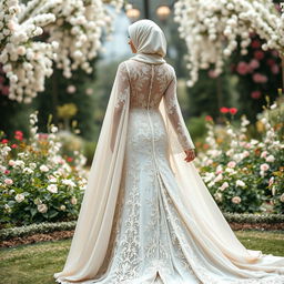 An elegant Muslim wedding dress that is open, featuring intricate lace and embroidery details