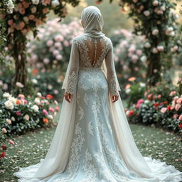 An elegant Muslim wedding dress that is open, featuring intricate lace and embroidery details