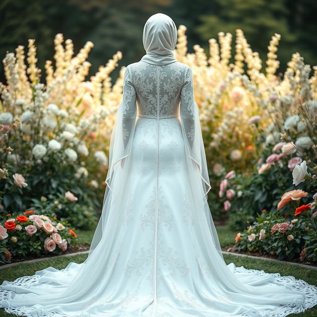 An elegant Muslim wedding dress that is open, featuring intricate lace and embroidery details