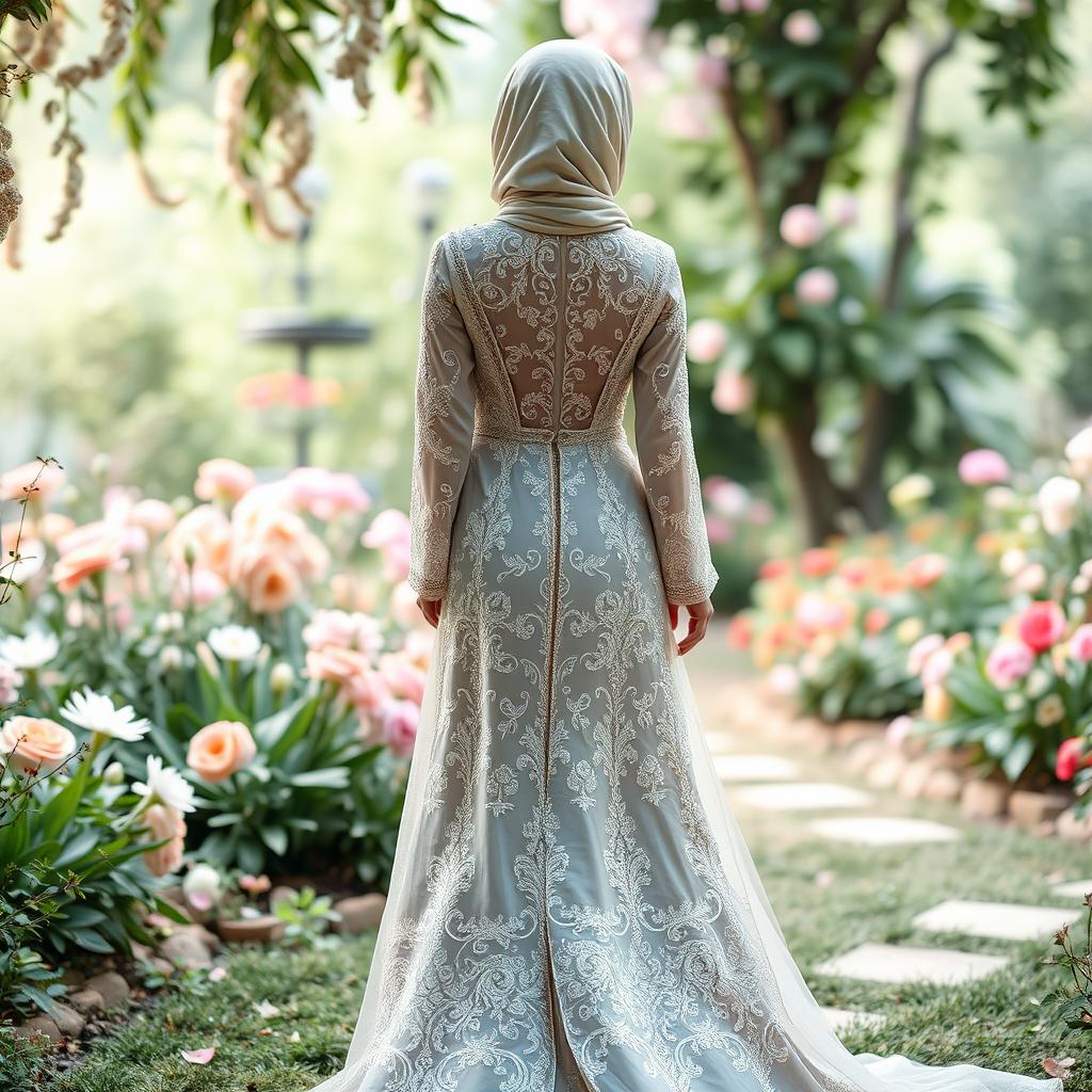 An elegant Muslim wedding dress that is open, featuring intricate lace and embroidery details