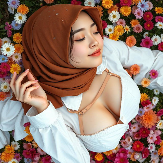 A masterpiece ultra-detailed realistic image of a beautiful 26-year-old Japanese girl wearing a brown Turkish hijab