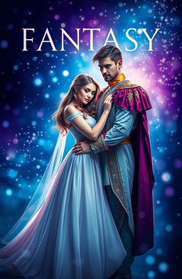 A fantasy book cover featuring a beautiful woman in a simple elegant long dress, gently embracing a handsome man resembling a prince
