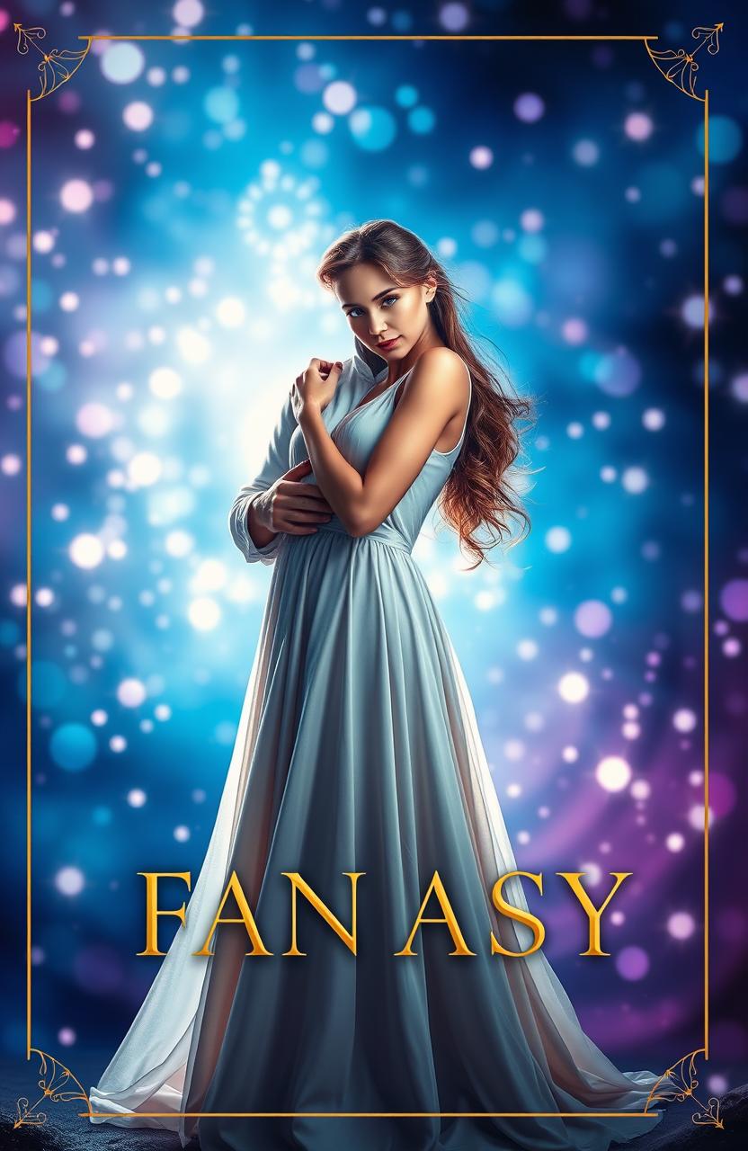 A fantasy book cover featuring a beautiful woman in a simple elegant long dress, gently embracing a handsome man resembling a prince