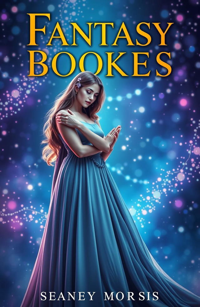 A fantasy book cover featuring a beautiful woman in a simple elegant long dress, gently embracing a handsome man resembling a prince