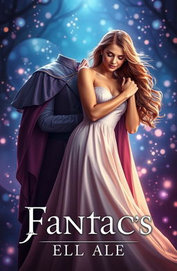 A fantasy book cover featuring a beautiful woman in a simple elegant long dress, gently embracing a handsome man resembling a prince
