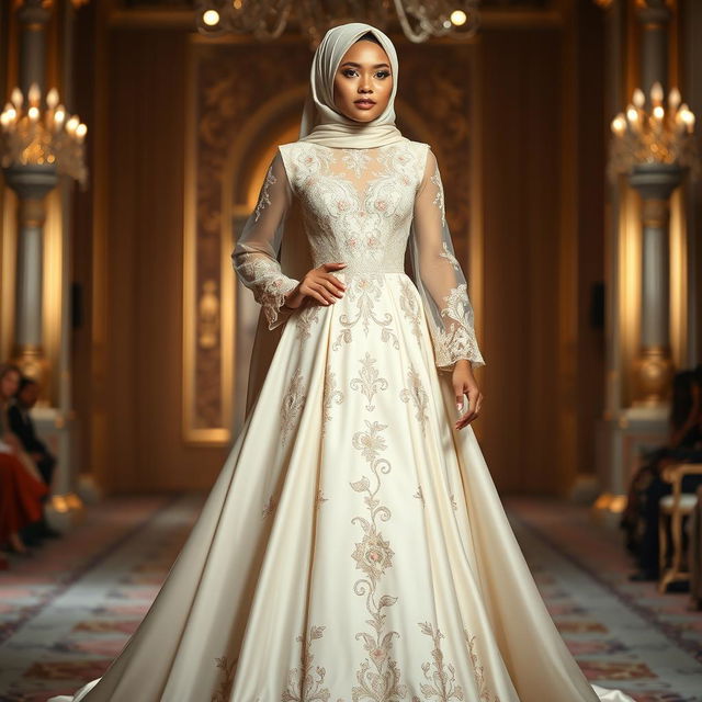 A beautiful and elegant Muslim wedding dress that combines traditional and modern styles