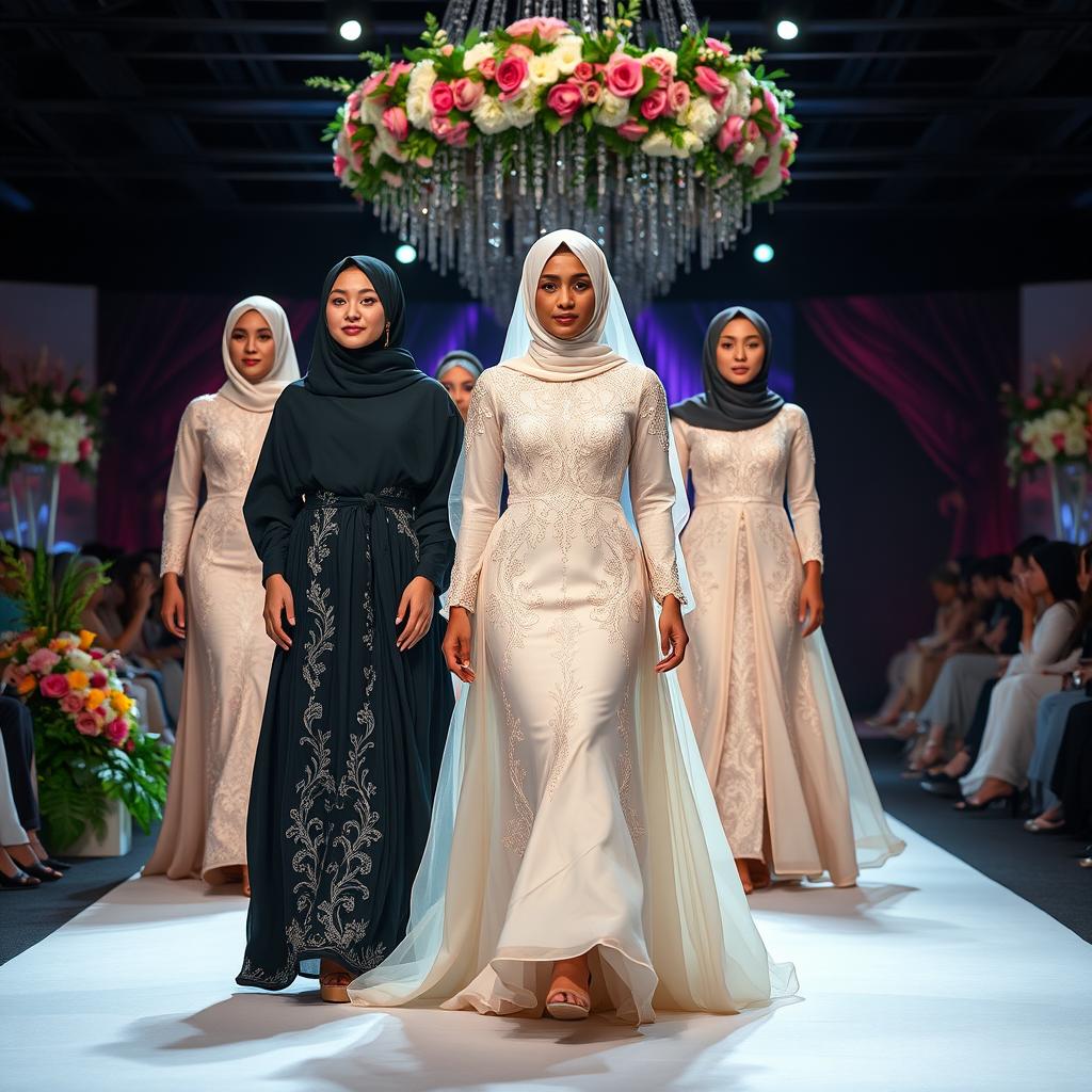 A beautiful, elegant Muslim wedding dress fashion show featuring diverse models showcasing intricate, modest wedding gowns with flowing designs and delicate embroidery