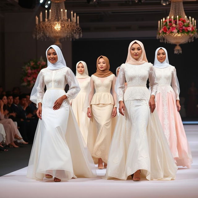 A beautiful, elegant Muslim wedding dress fashion show featuring diverse models showcasing intricate, modest wedding gowns with flowing designs and delicate embroidery