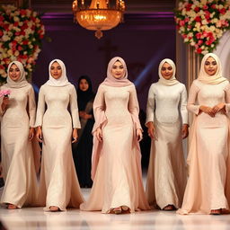 A beautiful, elegant Muslim wedding dress fashion show featuring diverse models showcasing intricate, modest wedding gowns with flowing designs and delicate embroidery