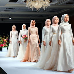 A beautiful, elegant Muslim wedding dress fashion show featuring diverse models showcasing intricate, modest wedding gowns with flowing designs and delicate embroidery