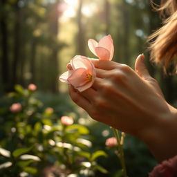A close-up artistic representation of a woman's hand gently touching a flower, symbolizing intimacy and tenderness