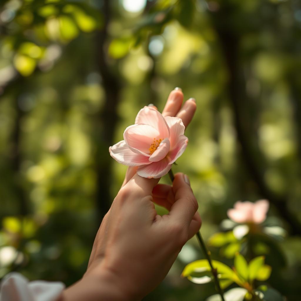 A close-up artistic representation of a woman's hand gently touching a flower, symbolizing intimacy and tenderness