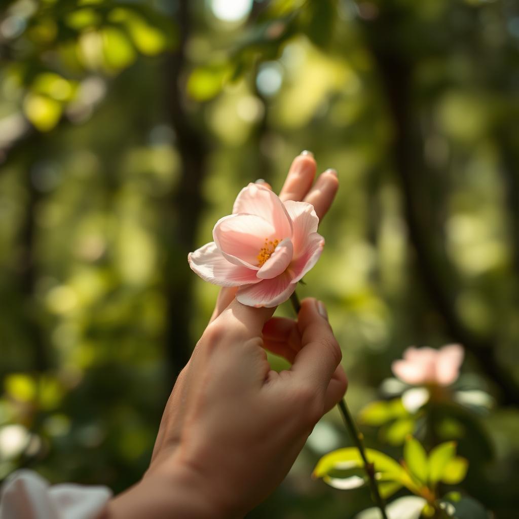 A close-up artistic representation of a woman's hand gently touching a flower, symbolizing intimacy and tenderness