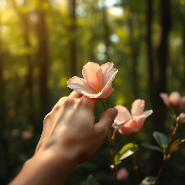 A close-up artistic representation of a woman's hand gently touching a flower, symbolizing intimacy and tenderness