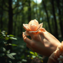 A close-up artistic representation of a woman's hand gently touching a flower, symbolizing intimacy and tenderness
