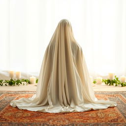 A serene and peaceful scene depicting the back view of a veiled woman gracefully in prostration