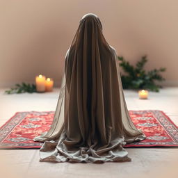A serene and peaceful scene depicting the back view of a veiled woman gracefully in prostration