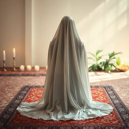 A serene and peaceful scene depicting the back view of a veiled woman gracefully in prostration
