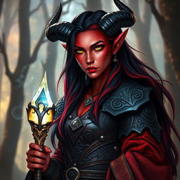 A 35-year-old female tiefling sorceress with red skin, square facial features, bright yellow eyes, and long black and red hair