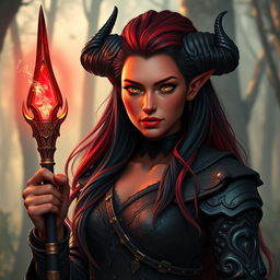 A 35-year-old female tiefling sorceress with red skin, square facial features, bright yellow eyes, and long black and red hair