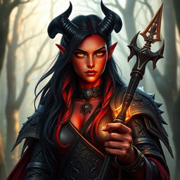 A 35-year-old female tiefling sorceress with red skin, square facial features, bright yellow eyes, and long black and red hair