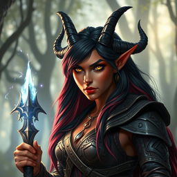 A 35-year-old female tiefling sorceress with red skin, square facial features, bright yellow eyes, and long black and red hair