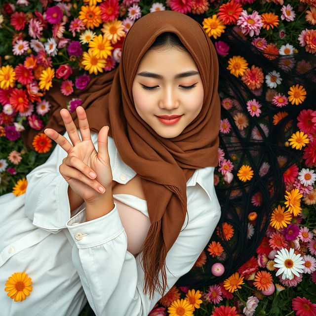 A masterpiece ultra-detailed realistic image of a beautiful 26-year-old Taiwanese girl wearing a brown Turkish hijab