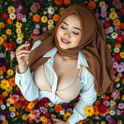 A masterpiece ultra-detailed realistic image of a beautiful 26-year-old Taiwanese girl wearing a brown Turkish hijab