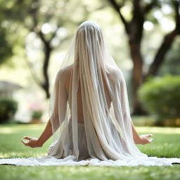 A veiled woman in a peaceful, meditative prostration position, viewed from the back