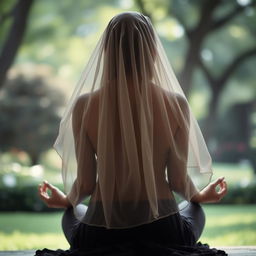 A veiled woman in a peaceful, meditative prostration position, viewed from the back