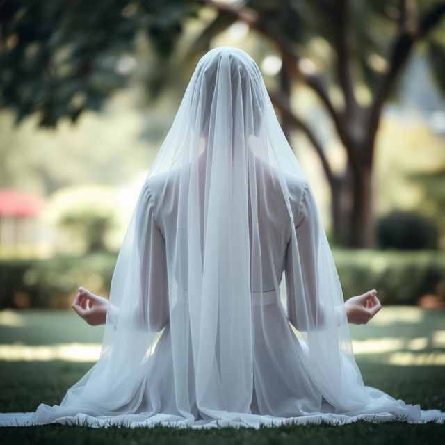 A veiled woman in a peaceful, meditative prostration position, viewed from the back