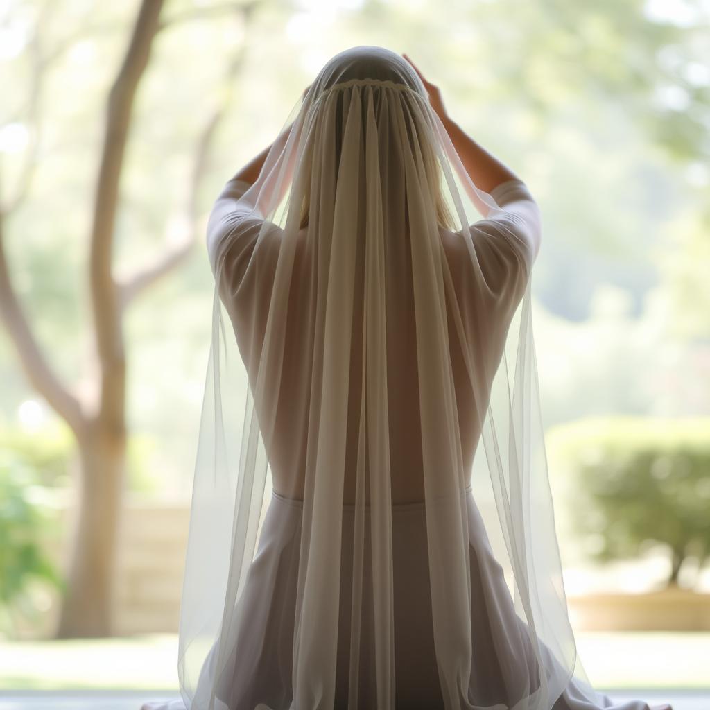 A veiled woman in a peaceful, meditative prostration position, viewed from the back